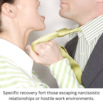 Home specific recovery fort those escaping narcissistic relationships or hostile work environments.